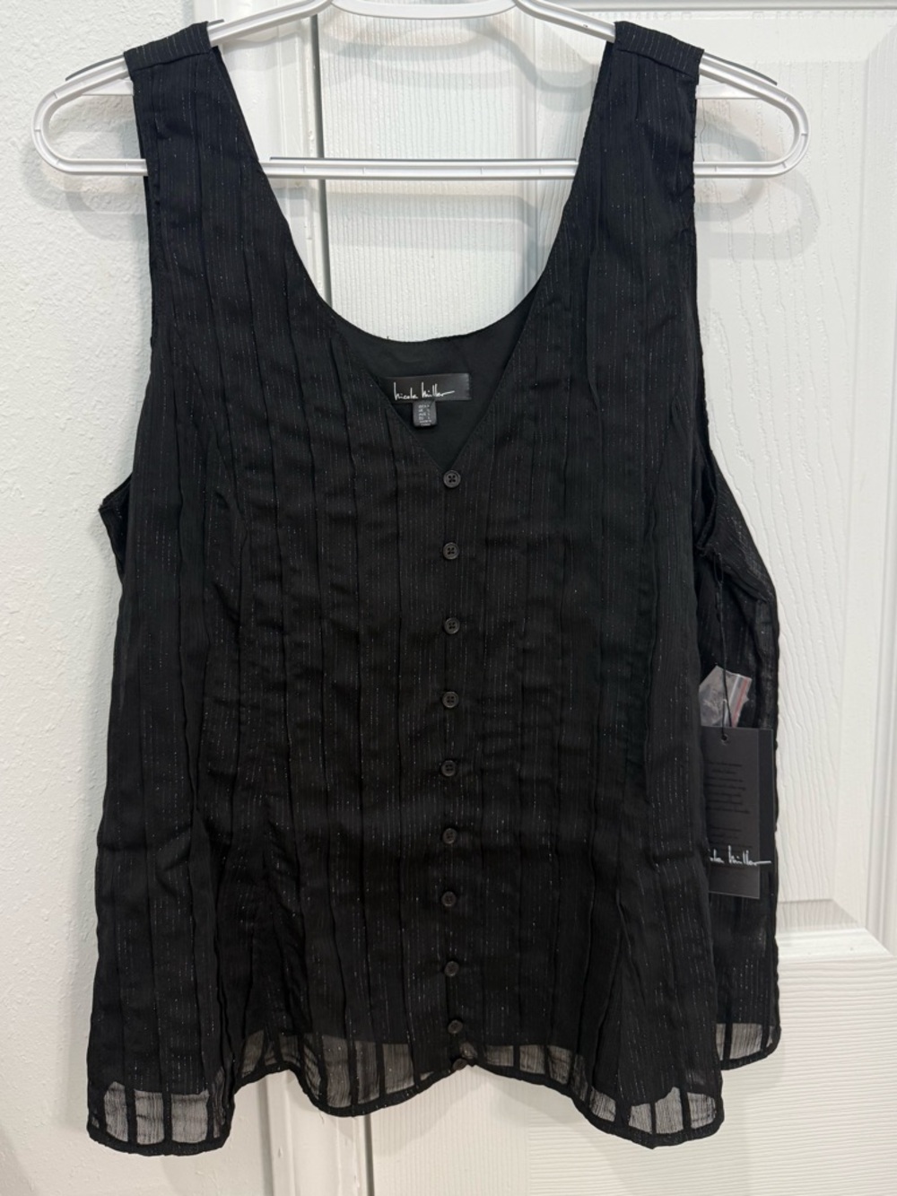 Nwt Nicole Miller Black Sleeveless Button-Front Tank with Subtle Pinstripes